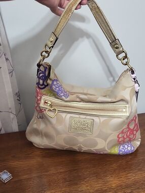 Coach Poppy Vintage Cream Signature Floral Shoulder Bag with Gold Accents